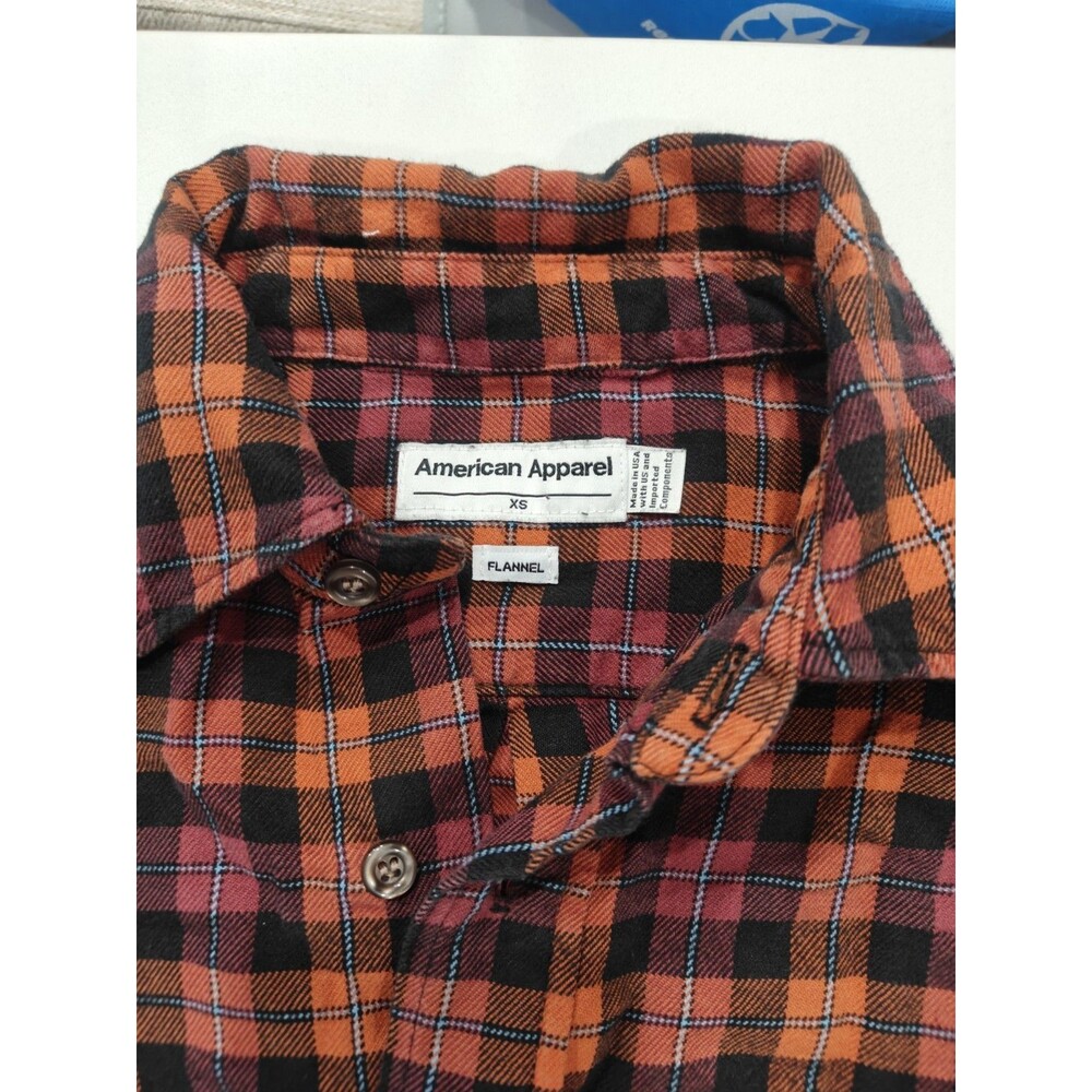 American Apparel Flannel Shirt Mens XS Orang Pink Plaid Check Made in USA Cotton